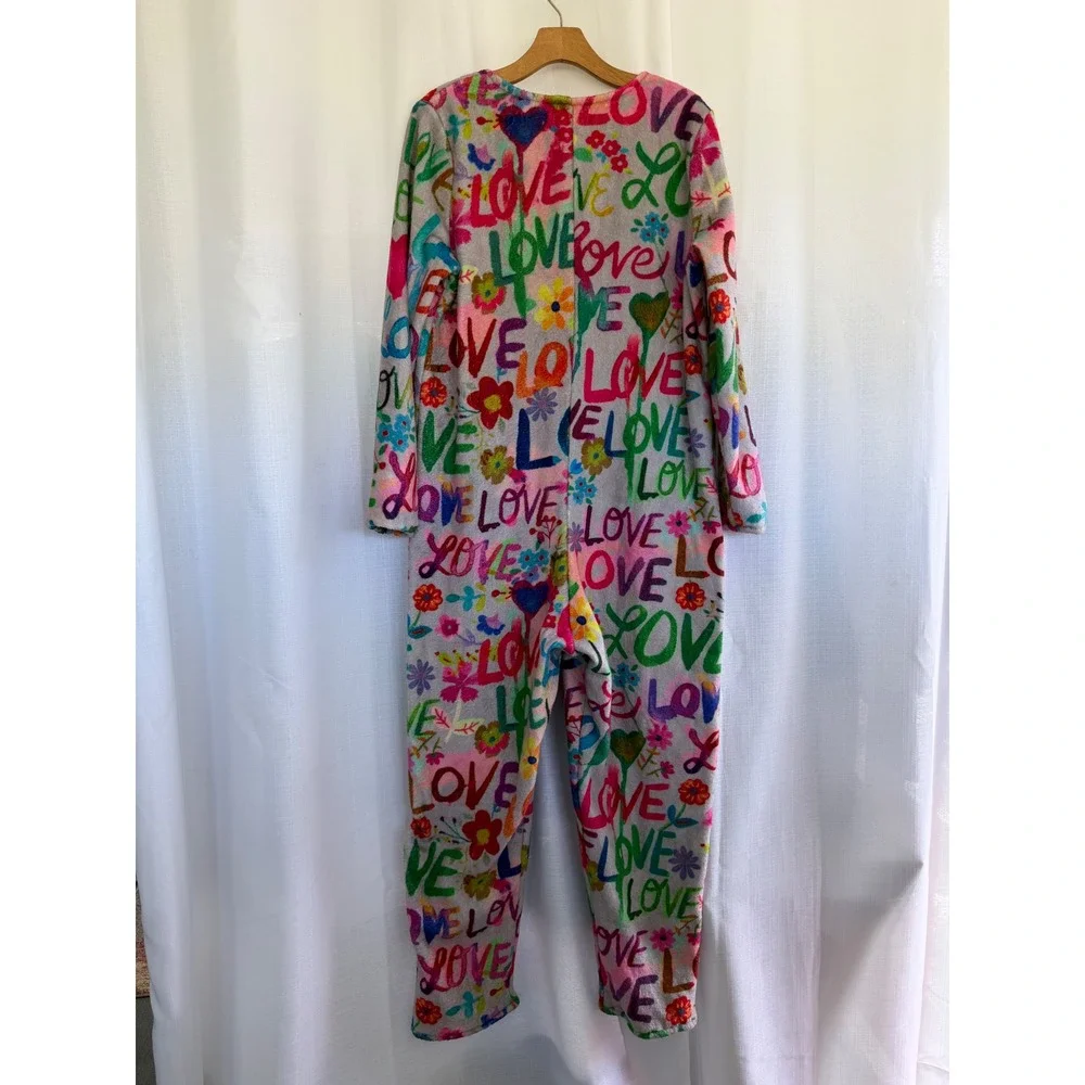 Natural Life Women Love Graffiti Floral Fleece Jumpsuit One Piece Pajamas Small